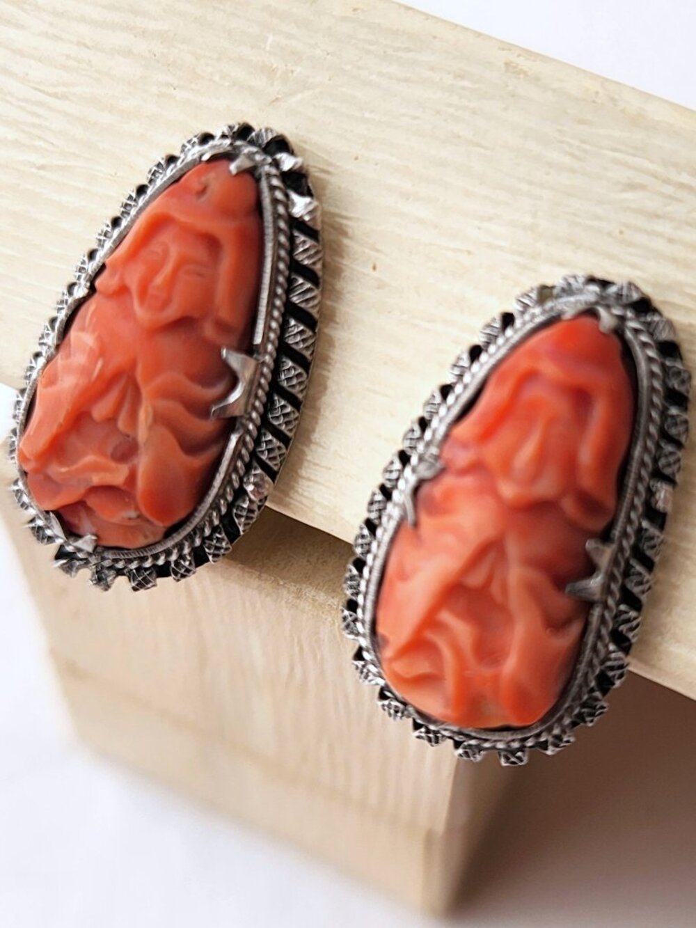 Antique Carved Coral & Silver Earrings + Pendant SET- Philip Klein San Francisco